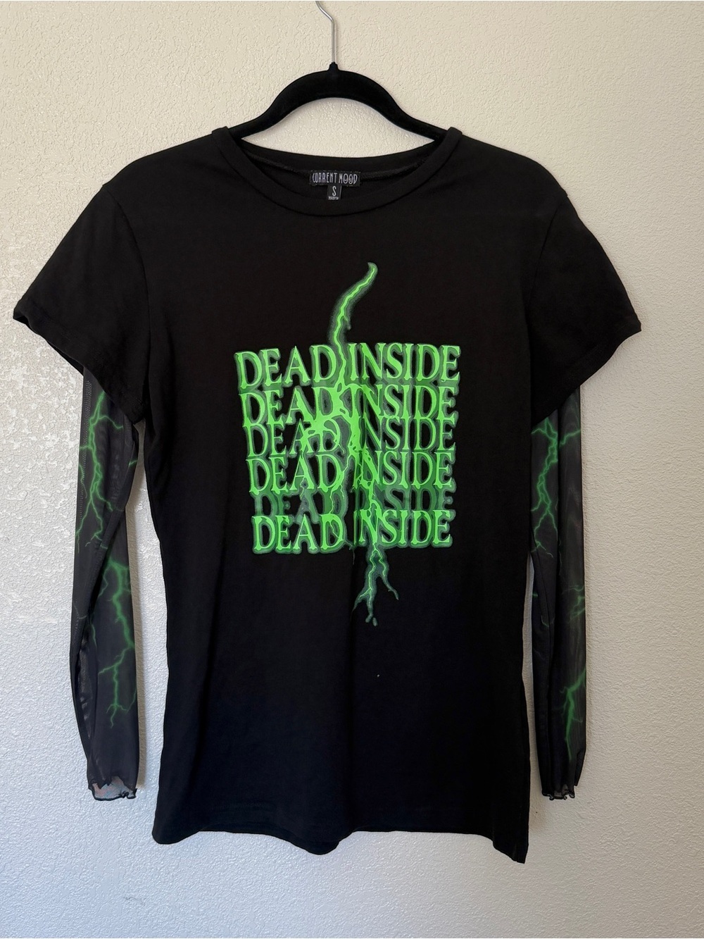 Current Mood "Dead Inside" Black Graphic Tee with Mesh Long Sleeves